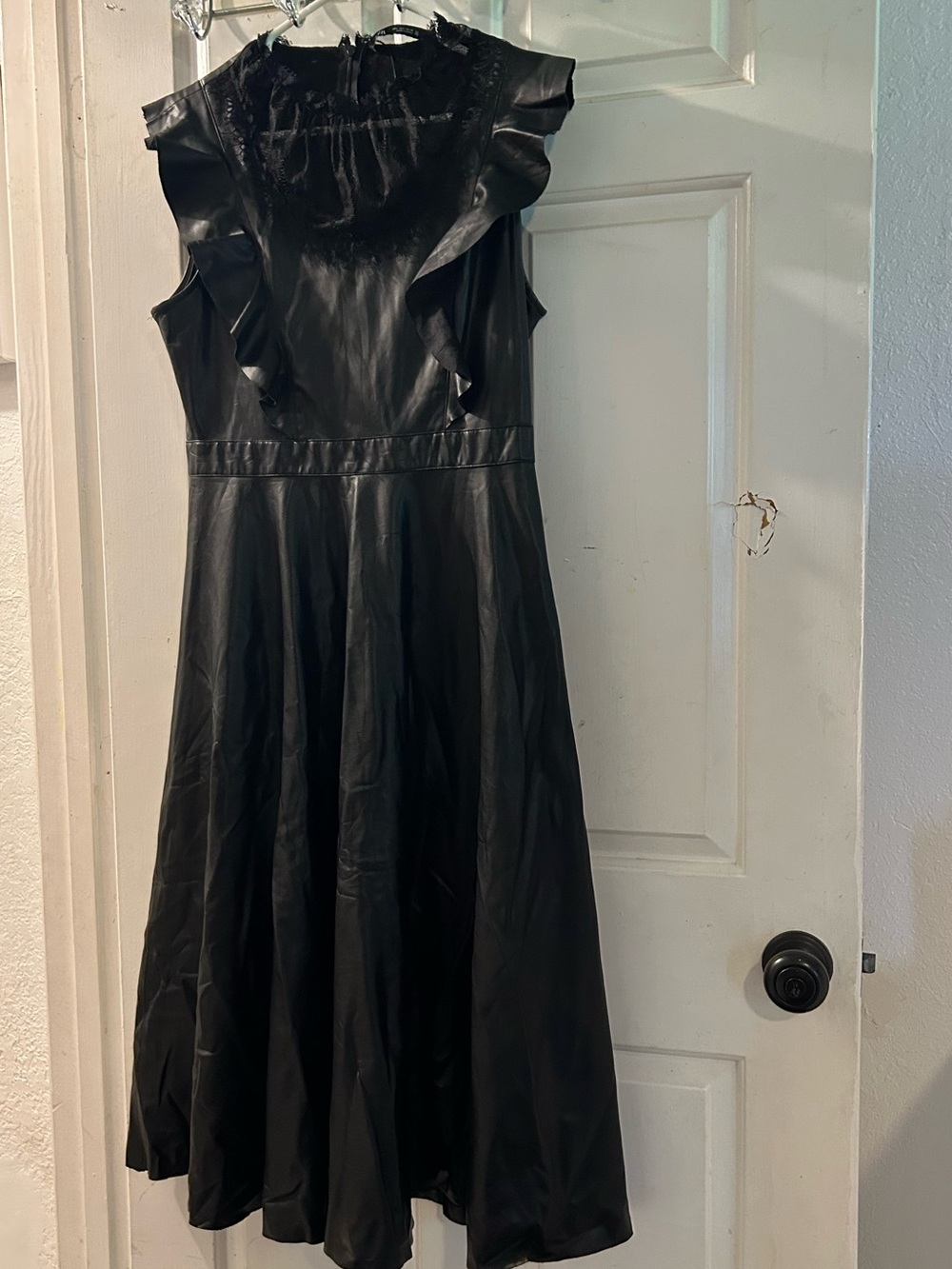 Zara Black Faux Leather Ruffle Midi Dress